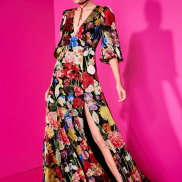 Alice + Olivia Floral Maxi Dress Size 8 | Silk Blend Plunge Gown Puff Sleeves - Picture 2 of 11